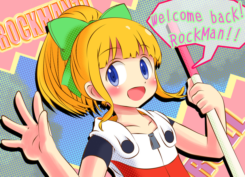 1girl bangs blonde_hair blue_eyes blunt_bangs blush bow capcom child copyright_name eyebrows_visible_through_hair green_bow hair_bow highres holding kisaragiyamaguti-love long_hair open_mouth patterned_background ponytail rockman rockman_(classic) rockman_11 roll sidelocks smile solo speech_bubble text_focus waving zipper_pull_tab