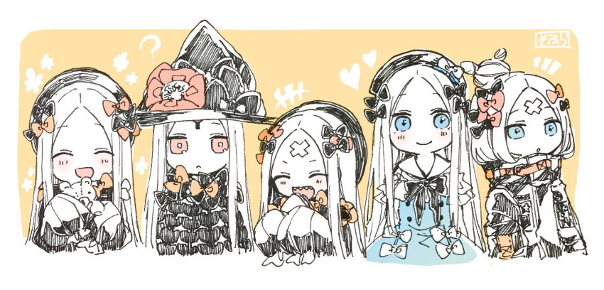 +++ 5girls :&lt; :d ? ^_^ abigail_williams_(fate/grand_order) bangs blue_dress blue_eyes blush bow closed_eyes closed_eyes closed_mouth dress eyebrows_visible_through_hair facing_viewer fate/grand_order fate_(series) food forehead hair_bun hat holding holding_food holding_stuffed_animal jacket long_hair looking_at_viewer multiple_girls multiple_persona open_mouth orange_bow parted_bangs red_eyes revealing_clothes sandwich sharp_teeth smile sofra stuffed_animal stuffed_toy teddy_bear teeth traditional_media very_long_hair witch_hat