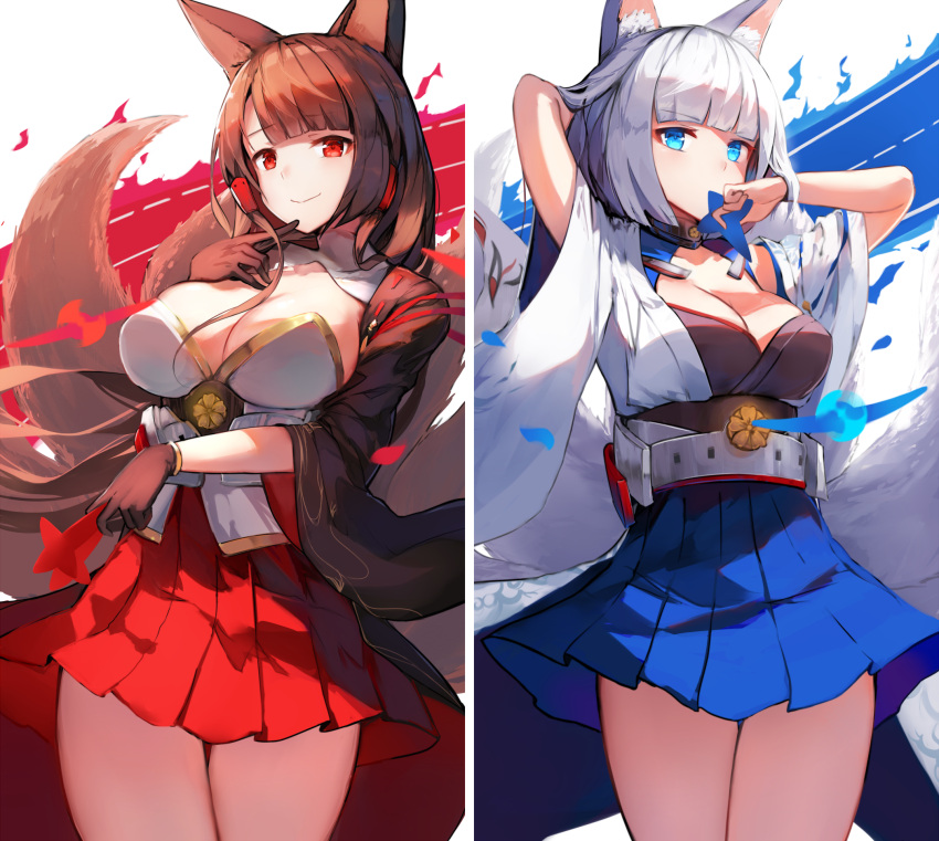 2girls aircraft airplane akagi_(azur_lane) animal_ears arm_behind_head azur_lane bangs blue_eyes blue_skirt blunt_bangs blush breasts brown_hair choker cleavage covered_mouth eyebrows_visible_through_hair finger_to_chin fire flight_deck_scroll fox_ears fox_tail gloves hair_ornament highres holding japanese_clothes kaga_(azur_lane) large_breasts long_hair looking_at_viewer mask multiple_girls multiple_tails natsumoka petals pleated_skirt red_eyes red_skirt short_hair sidelocks skirt smile tail thighs white_hair wide_sleeves wristband