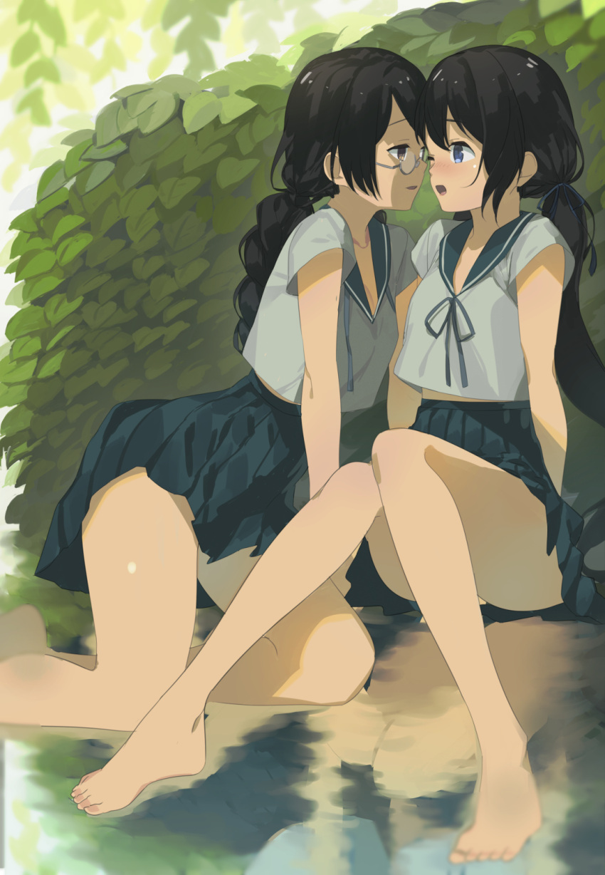 2girls 2l_(2lsize) bangs black_hair black_skirt blue_eyes blush crop_top crop_top_overhang day highres imminent_kiss knees_up long_hair multiple_girls open_mouth original pleated_skirt round_eyewear school_uniform semi-rimless_eyewear serafuku short_sleeves sidelocks sitting skirt twintails under-rim_eyewear yokozuwari yuri