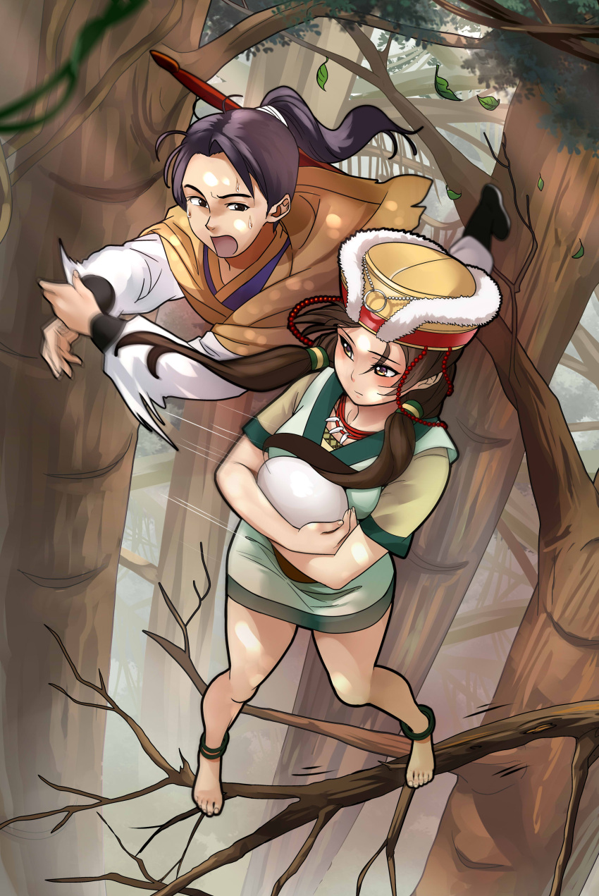 1boy 1girl absurdres anklet bare_legs barefoot blush branch brown_hair dodging falling hat highres holding in_tree japanese_clothes jewelry kimono legs long_hair necklace omoneyatsu original ponytail short_kimono snatch sweat sweatdrop sword tree weapon yewang19