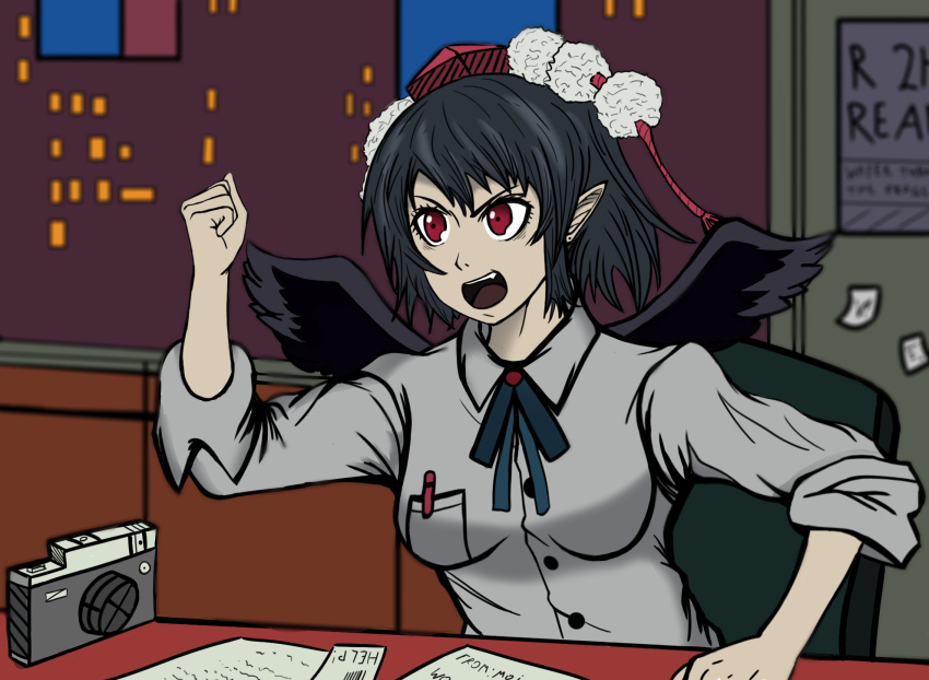 4pn black_hair breast_pocket building camera city clenched_hand collared_shirt dress_shirt english hat highres letter meme open_mouth paper parody pen pen_in_pocket pocket pointy_ears shameimaru_aya shirt short_hair sleeves_folded_up spider-man spider-man_(series) table tokin_hat touhou wings