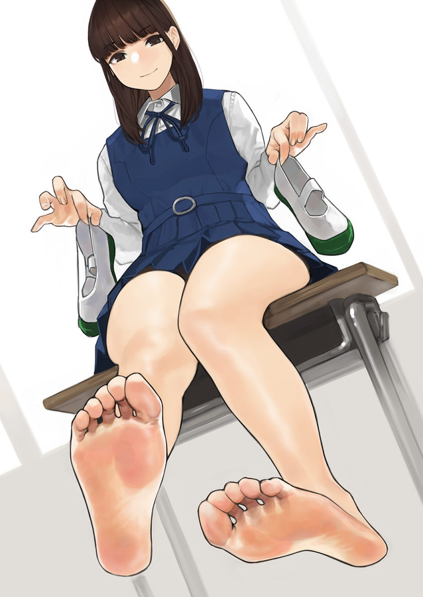 1girl bangs barefoot blue_skirt blunt_bangs breasts brown_eyes brown_hair closed_mouth desk dress_shirt feet highres legs long_hair looking_at_viewer neck_ribbon no_shoes original pleated_skirt ribbon school_uniform shirt shoes_removed sitting skirt smile soles solo thighs toes window yomu_(sgt_epper)