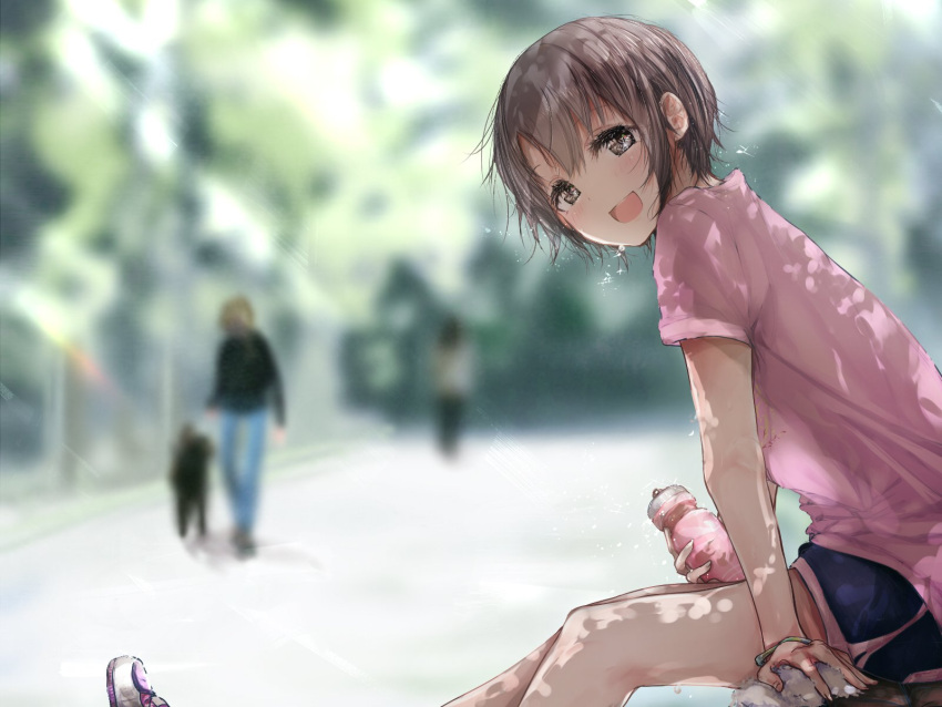 1girl black_eyes blurry blurry_background bottle commentary_request grey_hair highres idolmaster idolmaster_cinderella_girls looking_at_viewer otokura_yuuki redeye_(artist) shirt short_hair shorts sitting sweat t-shirt towel