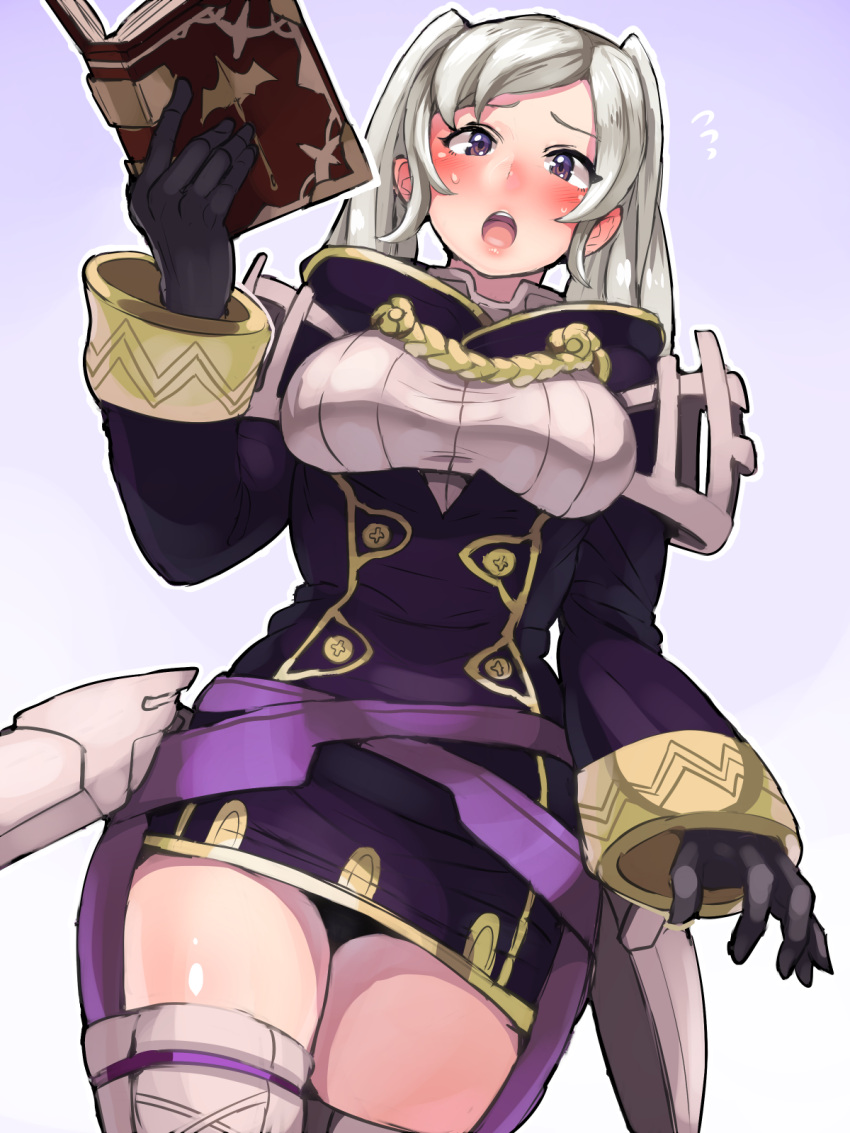 1girl black_gloves blush book boots boris_(noborhys) breasts cloak cowboy_shot dress dutch_angle female_my_unit_(fire_emblem:_kakusei) fire_emblem fire_emblem:_kakusei gloves gradient gradient_background grey_background highres long_hair long_sleeves looking_at_viewer medium_breasts my_unit_(fire_emblem:_kakusei) nintendo open_mouth short_dress silver_hair simple_background solo standing sweatdrop tareme thigh-highs thigh_boots twintails violet_eyes zettai_ryouiki