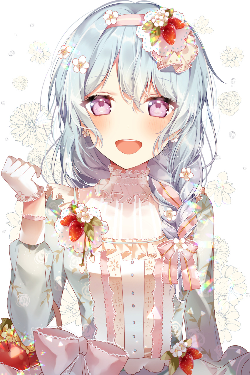 1girl :d alternate_hairstyle bang_dream! bangs blue_dress blue_hair blush bow braid clenched_hand dress earrings eyebrows_visible_through_hair floral_background floral_print flower flower_earrings food food_themed_hair_ornament frills fruit gloves hair_flower hair_ornament hair_over_shoulder hair_ribbon hairband hand_up highres jewelry lace_trim long_hair long_sleeves looking_at_viewer matsubara_kanon open_mouth pink_ribbon print_dress ribbon round_teeth single_braid smile solo strawberry strawberry_hair_ornament taya_5323203 teeth upper_body upper_teeth violet_eyes white_flower white_gloves