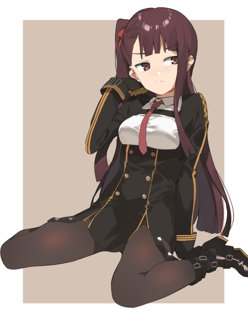 1girl 2l_(2lsize) bangs black_footwear black_gloves blunt_bangs blush breasts brown_eyes brown_hair closed_mouth dress eyebrows_visible_through_hair framed_breasts girls_frontline gloves hair_ribbon half_updo hand_up high-waist_skirt highres long_hair looking_to_the_side medium_breasts necktie nose_blush one_side_up outside_border pantyhose pelvic_curtain purple_hair red_eyes red_neckwear red_ribbon ribbon short_dress sitting skirt solo tsurime wa2000_(girls_frontline) wariza white_gloves