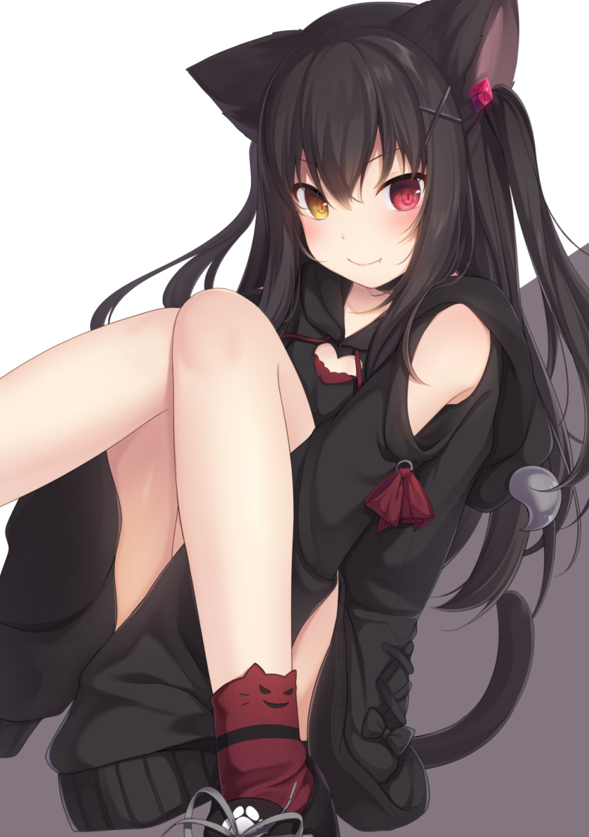 1girl amashiro_natsuki animal_ears black_bow black_footwear black_hair black_hoodie blush bow cat_ears closed_mouth commentary_request eyebrows_visible_through_hair fang_out flat_chest hair_between_eyes hair_ornament heart_cutout heterochromia highres hood hood_down knees_up long_hair long_sleeves looking_at_viewer original oversized_clothes paw_print red_eyes red_legwear shoes shoulder_cutout sitting sleeves_past_wrists smile socks solo two_side_up x_hair_ornament yellow_eyes