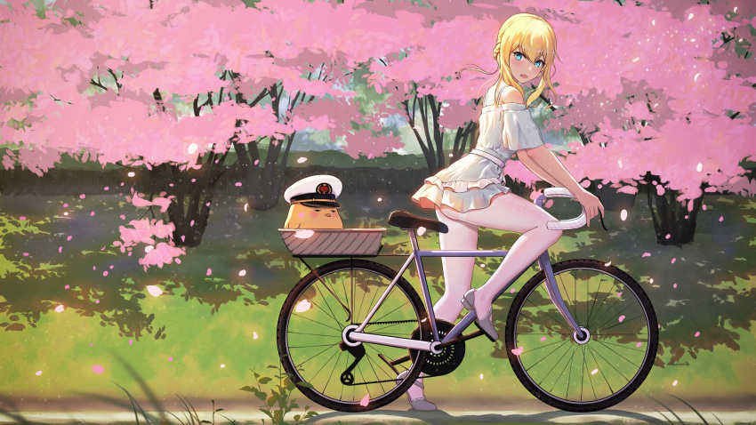 1girl 5555_96 admiral_(azur_lane) alternate_costume aqua_eyes azur_lane bare_shoulders basket bicycle bicycle_basket blonde_hair blue_dress blue_sky blurry blush braid casual cherry_blossoms closed_eyes contemporary day depth_of_field dress flower french_braid from_side full_body grass ground_vehicle hair_between_eyes hat highres leg_support looking_at_viewer open_mouth outdoors pants peaked_cap petals renown_(azur_lane) riding road road_bicycle scenery shiny shiny_clothes short_dress short_sleeves sky tree twisted_neck white_pants wind wind_lift