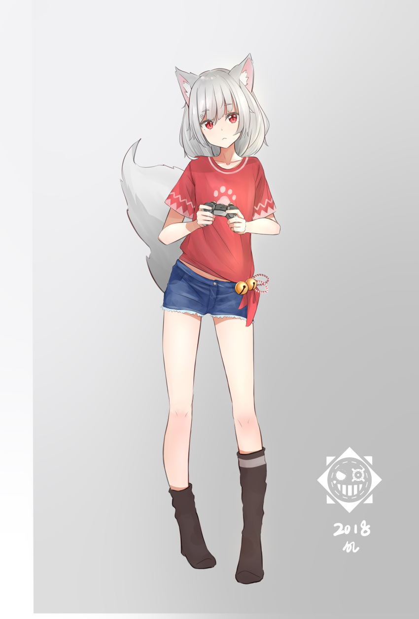 1girl absurdres animal_ears bare_legs bell controller denim denim_shorts expressionless fox_ears fox_tail full_body game_controller grey_background highres jingle_bell original paw_print red_eyes red_shirt shirt short_hair short_shorts short_sleeves shorts silver_hair simple_background tail xhh19980603