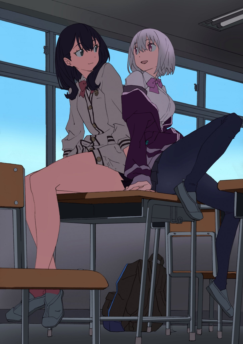 2girls arai_hiroki backpack bag bare_legs black_eyes black_hair black_legwear bow bowtie cardigan classroom desk eye_contact highres holding_hand jacket lavender_hair long_hair long_sleeves looking_at_another medium_hair multiple_girls no_socks pantyhose purple_jacket school_desk school_uniform shinjou_akane sitting sitting_on_table ssss.gridman takarada_rikka violet_eyes window