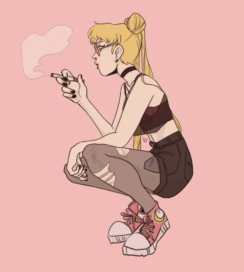 1girl bishoujo_senshi_sailor_moon black_choker black_nails black_shirt black_shorts blonde_hair choker cigarette commentary crescent_moon crop_top english_commentary full_body grunge_(genre) highres holding holding_cigarette lauren_davis long_hair looking_ahead moon moon_print nail_polish pantyhose pantyhose_under_shorts parted_lips pink_background pink_footwear profile round_eyewear sailor_moon see-through shirt shoes shorts simple_background smoke sneakers solo stomach torn_clothes torn_pantyhose very_long_hair