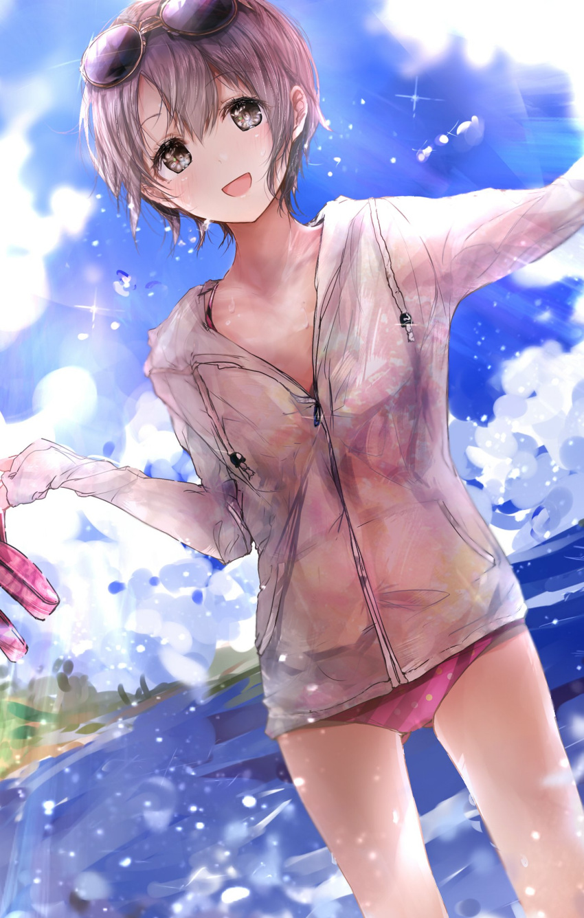 1girl beach black_eyes blue_sky commentary_request grey_hair highres hood hooded_jacket idolmaster idolmaster_cinderella_girls jacket jacket_over_swimsuit otokura_yuuki redeye_(artist) short_hair sky solo sunglasses swimsuit