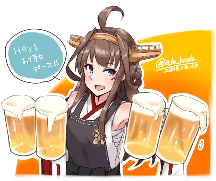 1girl ahoge alakoala_shoushou alcohol apron beer beer_mug black_apron brown_hair chestnut_mouth commentary_request dated double_bun fish hairband headgear highres kantai_collection kongou_(kantai_collection) long_hair open_mouth ribbon-trimmed_sleeves ribbon_trim solo translated twitter_username upper_body white_apron