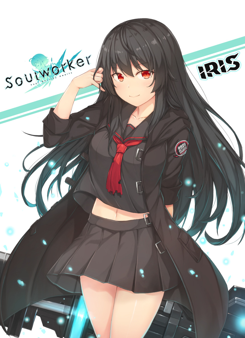 1girl black_hair blush brown_skirt character_request closed_mouth coat collarbone copyright_name hallohi highres long_hair looking_at_viewer navel neckerchief red_eyes red_neckwear skirt smile solo soul_worker