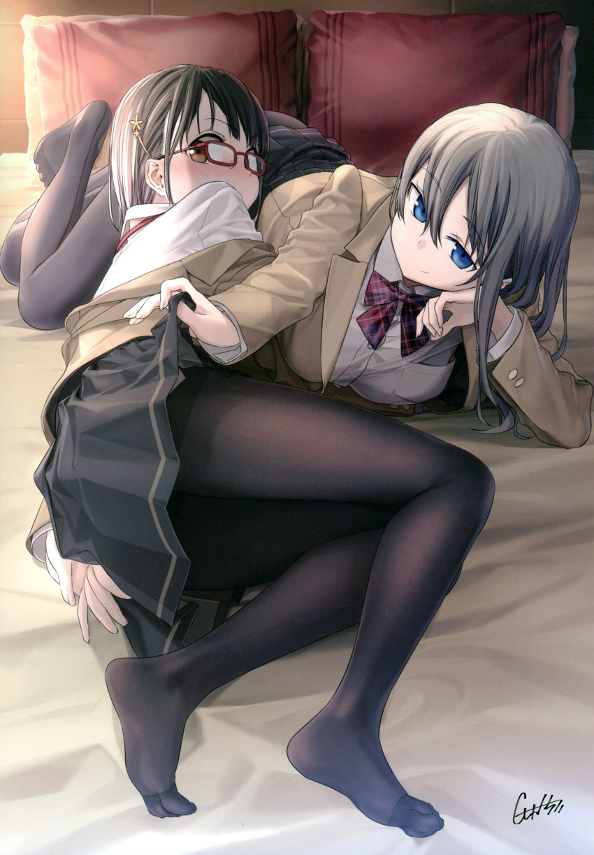 2girls absurdres ass blazer blue_eyes blush bow bowtie breasts brown_eyes brown_legwear chin_rest eyebrows_visible_through_hair glasses hair_ornament hairclip highres himura_kiseki indoors jacket large_breasts lifted_by_another long_hair long_sleeves looking_at_viewer lying multiple_girls off_shoulder on_bed on_side original pantyhose plaid red-framed_eyewear scan school_uniform short_hair sidelocks silver_hair skirt skirt_lift smile thighband_pantyhose