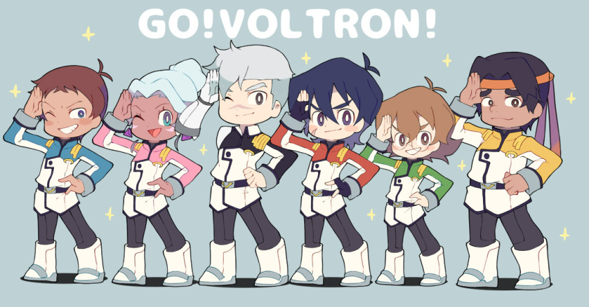 2girls black_hair blue_eyes boots brown_eyes brown_hair dark_skin everyone fingerless_gloves glasses gloves hand_on_hip headband hunk_(voltron) hyakujuu-ou_golion keith_(voltron) lance_(voltron) mechanical_arm military military_uniform miyata_(lhr) multiple_girls one_eye_closed open_mouth pidge_gunderson princess_allura salute scar side-by-side silver_hair smile standing takashi_shirogane thick_eyebrows tomboy uniform voltron:_legendary_defender white_footwear white_hair