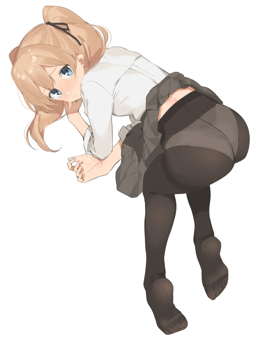 1girl 2l_(2lsize) ass bangs black_legwear black_ribbon black_skirt blonde_hair blue_eyes blush closed_mouth crotch_seam dress_shirt embarrassed eyebrows_visible_through_hair hair_between_eyes hair_ribbon highres looking_back nose_blush original panties panties_under_pantyhose pantyhose pleated_skirt ribbon shirt simple_background skirt skirt_lift sleeves_rolled_up soles solo thighband_pantyhose twintails underwear white_background