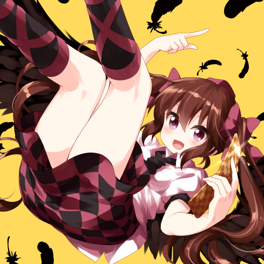 1girl :d ass bangs black_legwear black_neckwear black_skirt black_wings blush bow brown_hair cellphone checkered checkered_skirt commentary_request eyebrows_visible_through_hair feathered_wings feathers feet_out_of_frame hair_between_eyes hair_bow hat highres himekaidou_hatate holding holding_phone kneehighs leg_ribbon legs_up long_hair looking_at_viewer miniskirt necktie open_mouth phone puffy_short_sleeves puffy_sleeves purple_bow purple_ribbon purple_skirt ribbon ruu_(tksymkw) shirt short_hair short_sleeves simple_background skirt smartphone smile solo thighs tokin_hat touhou twintails violet_eyes white_shirt wings yellow_background
