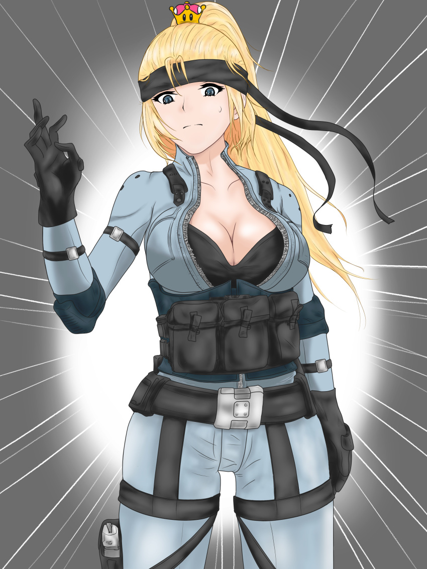 1girl absurdres belt black_bra black_gloves black_headband blonde_hair blue_eyes bra breasts cleavage collarbone commentary_request crown genderswap genderswap_(mtf) gloves highres kilroylw large_breasts long_hair looking_at_viewer metal_gear_(series) mini_crown ponytail pouch solid_snake solo super_crown underwear