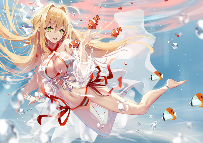 1girl ahoge air_bubble alternate_hairstyle anklet augu_(523764197) bare_legs bare_shoulders barefoot bikini blonde_hair bow bracelet breasts bubble cleavage clownfish collarbone commentary_request covered_nipples criss-cross_halter day diving fate/grand_order fate_(series) fish_request front-tie_top full_body green_eyes hair_bow hair_down hair_intakes halterneck jewelry large_breasts long_hair long_sleeves looking_away looking_to_the_side navel nero_claudius_(fate)_(all) nero_claudius_(swimsuit_caster)_(fate) outdoors pearl_bracelet petals puffy_long_sleeves puffy_sleeves red_bikini red_ribbon ribbon round_teeth see-through side-tie_bikini solo stomach striped striped_bikini swimsuit teeth underwater upper_teeth very_long_hair white_bow white_ribbon