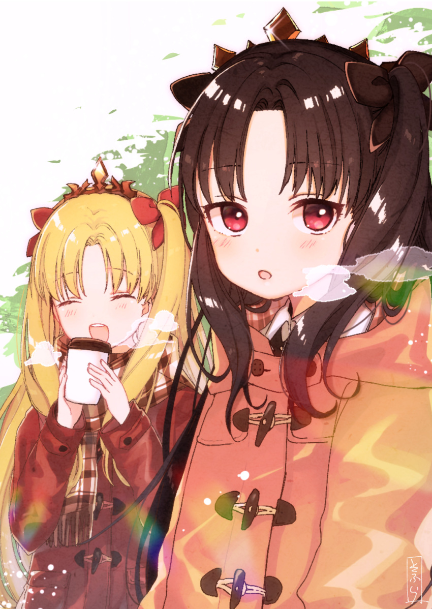 2girls :d :o ^_^ bangs black_bow blonde_hair blush bow breath brown_coat brown_hair closed_eyes coat cup disposable_cup ereshkigal_(fate/grand_order) eyebrows_visible_through_hair fate/grand_order fate_(series) fingernails fringe hair_bow hands_up highres holding holding_cup ishtar_(fate/grand_order) long_hair long_sleeves multiple_girls open_mouth parted_bangs parted_lips plaid plaid_scarf red_bow red_coat red_eyes round_teeth scarf signature smile sofra teeth tiara tohsaka_rin two_side_up upper_teeth white_background