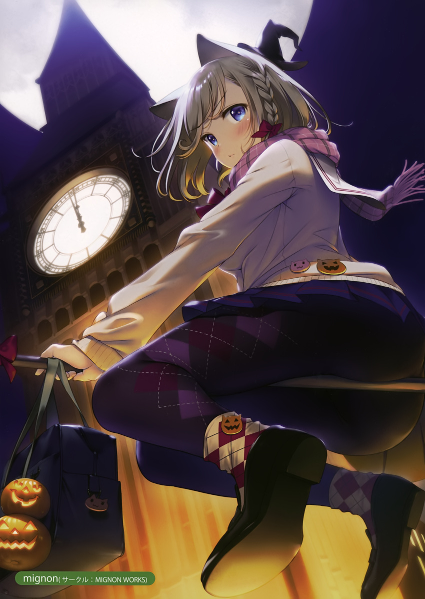 1girl absurdres animal_ears argyle argyle_legwear artist_name ass bag blue_eyes blush braid broom broom_riding cat_ears clock clock_tower closed_mouth elizabeth_tower full_body halloween hat highres light_brown_hair loafers long_sleeves looking_at_viewer melonbooks mignon moon night original outdoors pantyhose pleated_skirt pumpkin scan scarf school_bag shoes short_hair single_braid skirt solo sweater tower witch_hat