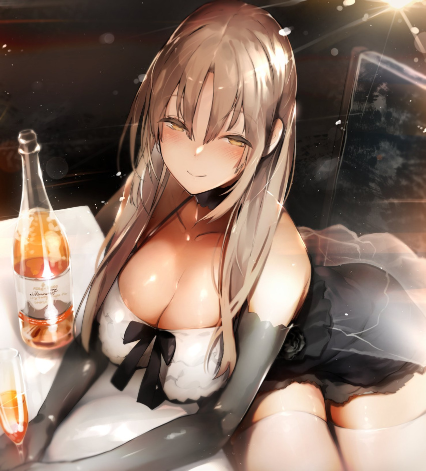 1girl alcohol bangs bare_shoulders black_gloves blush bottle breasts brown_hair champagne_flute cleavage cup dress drinking_glass elbow_gloves eyebrows_visible_through_hair glass gloves half-closed_eyes highres indoors large_breasts light light_brown_hair long_hair long_sleeves looking_at_viewer night nijisanji nishiide_kengorou open_mouth sidelocks sister_cleaire sitting skindentation smile solo thigh-highs thighs virtual_youtuber white_legwear yellow_eyes