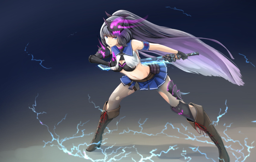 1girl armband benghuai_xueyuan black_bikini_top black_gloves breasts closed_mouth crop_top electricity fighting_stance gloves glowing gradient gradient_background highres honkai_impact kikivi long_hair looking_at_viewer mask mask_on_head medium_breasts pantyhose pleated_skirt ponytail purple_hair raiden_mei sailor_collar skirt solo sword torn_clothes torn_pantyhose violet_eyes weapon