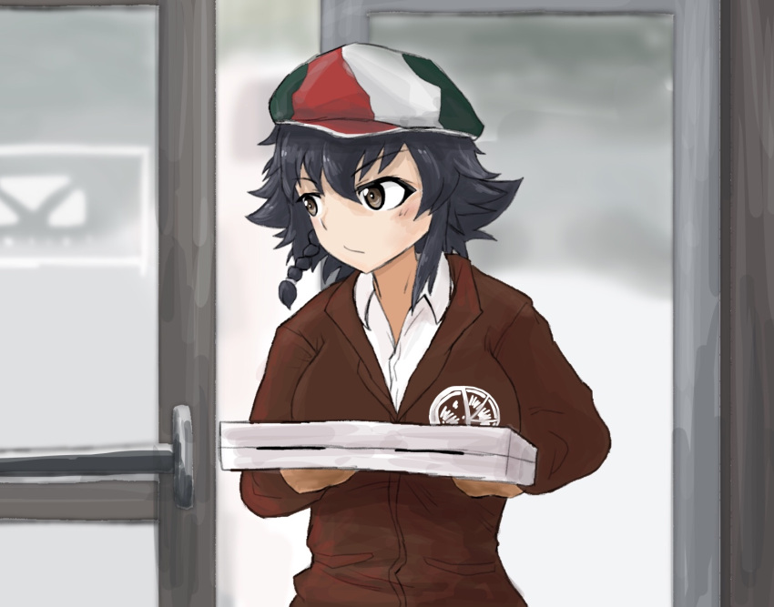 1girl bangs black_hair braid brown_eyes brown_jacket cabbie_hat collared_shirt commentary door employee_uniform eyebrows_visible_through_hair flag_print food girls_und_panzer hair_tie hat highres italian_flag jacket looking_to_the_side miraruto_(h3yja) namesake pepperoni_(girls_und_panzer) pizza pizza_box shirt short_hair side_braid solo uniform white_shirt