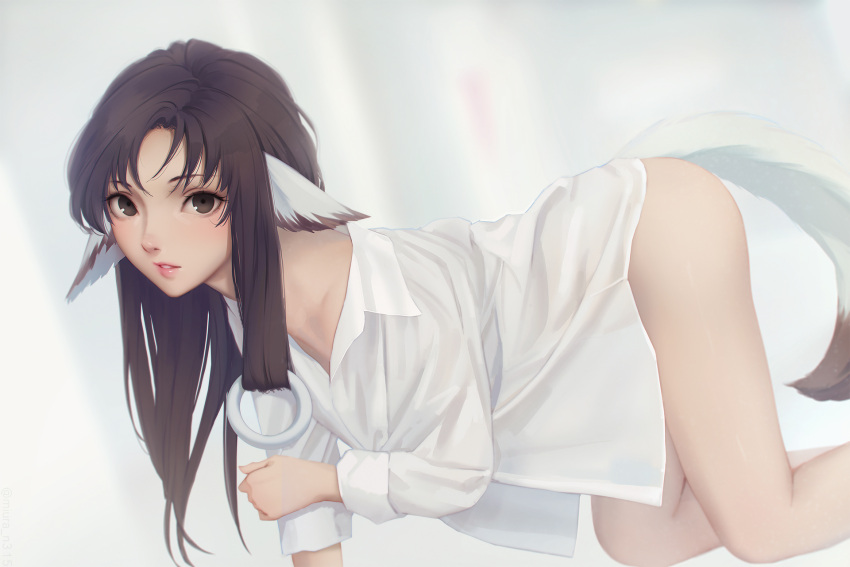 1girl all_fours animal_ears bottomless brown_eyes brown_hair dog_ears dog_tail dress_shirt dutch_angle eruruw hair_ornament highres lips long_hair looking_at_viewer miura-n315 o-ring parted_lips shirt solo tail utawareru_mono utawareru_mono:_itsuwari_no_kamen white_shirt