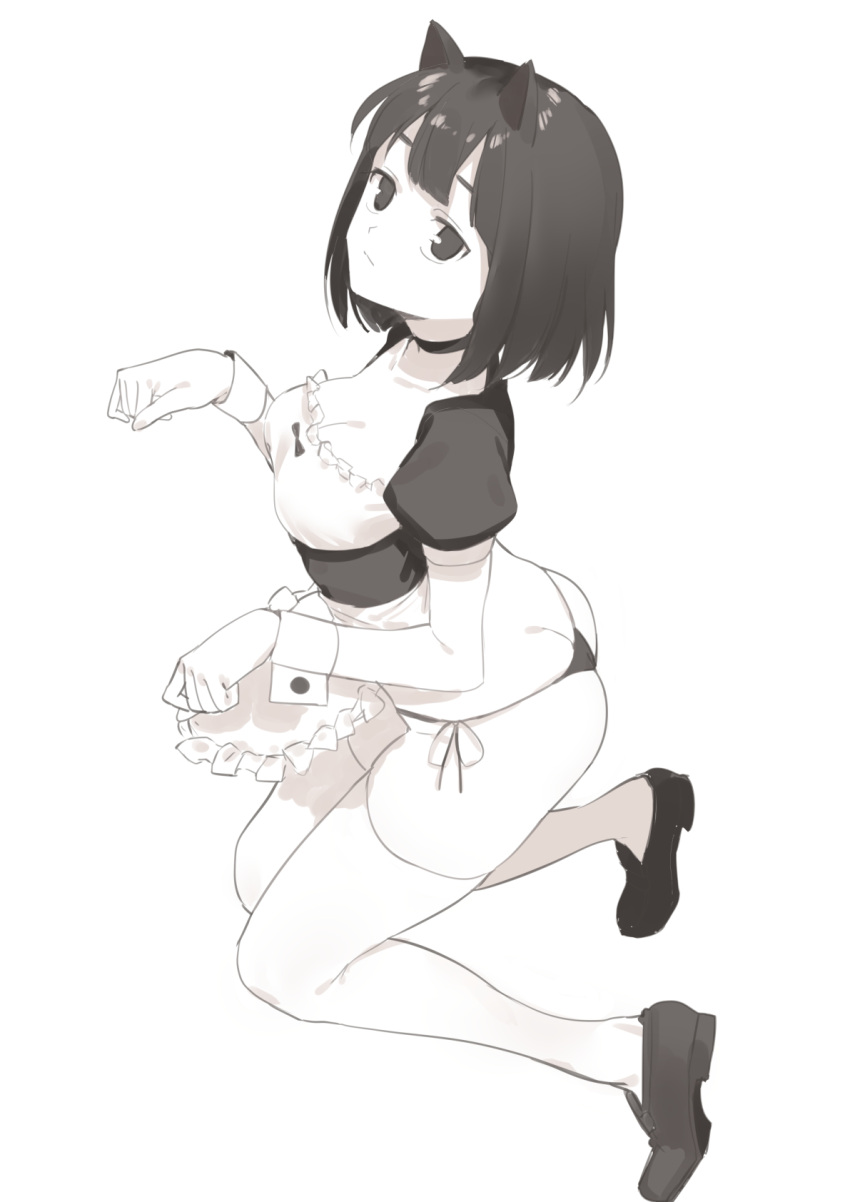 1girl 2l_(2lsize) animal_ears apron ass bangs blunt_bangs bob_cut breasts butt_crack cat_ears cleavage closed_mouth expressionless frills from_side full_body greyscale hand_up highres kneeling loafers looking_at_viewer maid monochrome original panties paw_pose shoes short_hair short_sleeves side-tie_panties small_breasts solo thigh-highs underwear waist_apron white_legwear wrist_cuffs