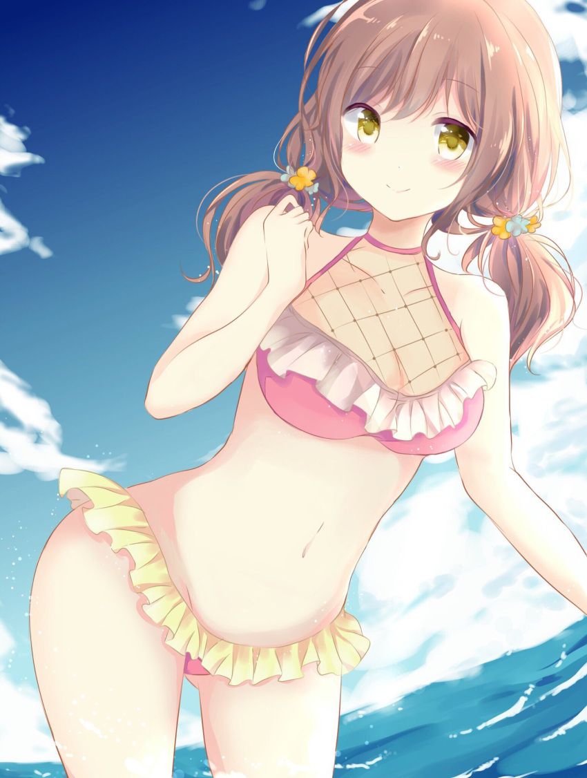 1girl alternate_hairstyle bang_dream! bangs bikini blush brown_hair clenched_hand commentary_request day eyebrows_visible_through_hair flower frilled_bikini frills hair_flower hair_ornament hand_up highres imai_lisa long_hair looking_at_viewer navel outdoors pink_bikini rita_0604 smile solo stomach swimsuit twintails water yellow_eyes