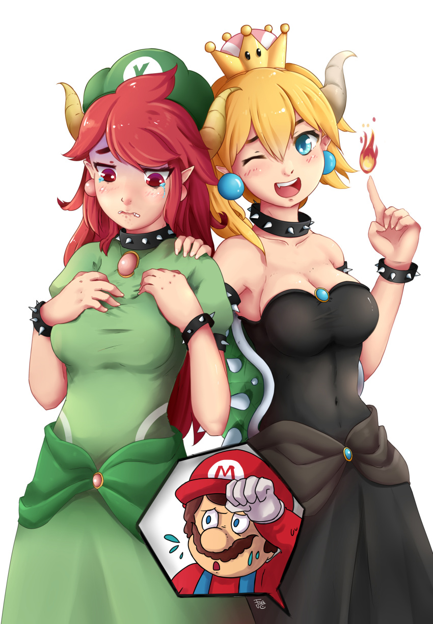 1boy 2girls ;d absurdres armlet bangs bare_shoulders biting black_collar black_dress blonde_hair blue_eyes borrowed_design bowser_peach bowsette bracelet breasts brooch brown_hair cleavage collar collarbone commentary covered_navel cowboy_shot crown crying crying_with_eyes_open dress earrings english_commentary facial_hair fang fire green_dress green_hat hair_between_eyes hand_on_another's_shoulder hands_on_own_chest hands_up hat highres horns index_finger_raised jewelry lip_biting long_hair looking_at_viewer looking_down mario super_mario_bros. multiple_girls mustache new_super_mario_bros._u_deluxe nintendo one_eye_closed open_mouth pointy_ears ponytail prototype puffy_short_sleeves puffy_sleeves red_eyes red_hat redhead short_hair short_sleeves simple_background smile spiked_armlet spiked_bracelet spiked_collar spiked_shell spikes standing strapless strapless_dress super_crown super_mario_odyssey sweat swept_bangs tears turn_pale turtle_shell white_background