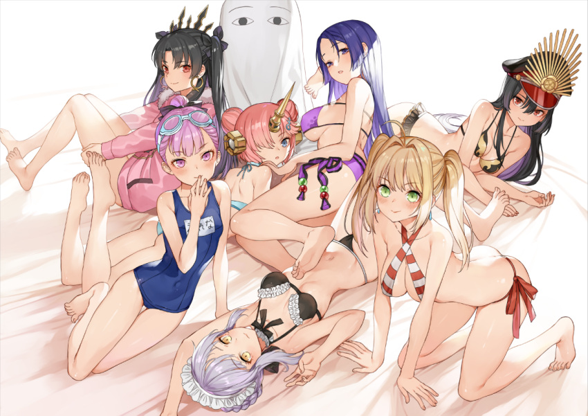 (o)_(o) 6+girls :o ahoge all_fours arched_back arm_support ass bangs bare_arms bare_legs bare_shoulders barefoot bikini black_bikini black_bow black_hair black_hat black_neckwear black_ribbon blanket blonde_hair blue_bikini blue_eyes blue_swimsuit blush bow breasts butt_crack character_request cleavage closed_mouth collarbone commentary_request competition_school_swimsuit covered_navel criss-cross_halter crown earrings eyebrows_visible_through_hair fate/grand_order fate_(series) finger_to_mouth frankenstein's_monster_(fate) frankenstein's_monster_(swimsuit_saber)_(fate) frilled_bikini frills goggles goggles_on_head green_eyes grey_hair haijin hair_between_eyes hair_bow hair_intakes hair_ornament hair_over_one_eye hairclip halterneck hand_up hat helena_blavatsky_(swimsuit_archer)_(fate) hoop_earrings horn ishtar_(swimsuit_rider)_(fate) jewelry large_breasts leg_hug legs_up long_hair long_sleeves looking_at_viewer lying maid_bikini maid_headdress medium_breasts medjed minamoto_no_raikou_(swimsuit_lancer)_(fate) multiple_girls name_tag neck_garter neck_ribbon nero_claudius_(fate)_(all) nero_claudius_(swimsuit_caster)_(fate) nitocris_(fate/grand_order) nitocris_(swimsuit_assassin)_(fate) no_pants oda_nobunaga_(fate) oda_nobunaga_(swimsuit_berserker)_(fate) on_back on_side on_stomach open_mouth parted_bangs peaked_cap pink_coat pink_hair pink_lips ponytail purple_bikini purple_hair reclining red_bikini red_eyes red_ribbon ribbon shiny shiny_hair short_hair shoulder_blades side-tie_bikini sideboob simple_background skin_tight small_breasts smile straight_hair striped striped_bikini swimsuit thigh_gap violet_eyes white_background