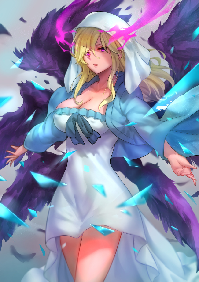 1girl angel_wings blonde_hair blue_kimono breasts cleavage floral_print hair_ornament hair_over_shoulder hei_niao highres japanese_clothes kimono large_breasts looking_at_viewer lucifer_(monster_strike) monster_strike multiple_wings pink_eyes purple_wings solo wide_sleeves wings