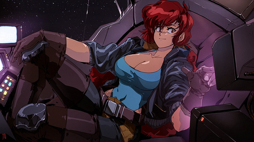 1girl 90s belt belt_buckle black_jacket breasts brown_gloves buckle chaps cleavage cockpit commentary dark_skin david_liu english_commentary gloves highres jacket jpeg_artifacts knee_pads large_breasts light_smile long_hair low_ponytail maria_(space_maria) pants reclining red_eyes redhead solo space space_maria spaghetti_strap taut_clothes