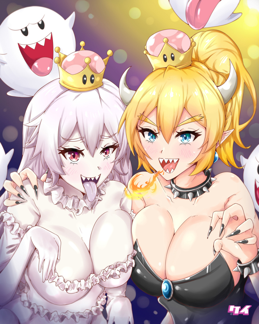 2girls adapted_costume aqua_earrings aqua_eyes arm_around_shoulder backlighting bangs bare_shoulders black_dress black_nails blonde_hair blush boo bowsette bracelet breasts breathing_fire brooch choker claw_pose cleavage collar dress elbow_gloves eyebrows_visible_through_hair fingernails fire frilled_choker frilled_dress frills ghost_pose gloves hand_on_another's_shoulder high_ponytail highres horns huge_breasts jewelry keikyu_(tiltedcube) lavender_hair light light_particles long_hair long_ponytail looking_at_viewer super_mario_bros. multiple_girls nail_polish new_super_mario_bros._u_deluxe nintendo open_mouth pale_skin pointy_ears princess_king_boo red_eyes sharp_fingernails sharp_teeth shiny shiny_clothes shiny_hair shiny_skin short_hair side-by-side sidelocks smile spiked_bracelet spiked_collar spikes strapless strapless_dress super_crown tail teeth tongue tongue_out very_long_hair white_choker white_dress white_gloves white_skin