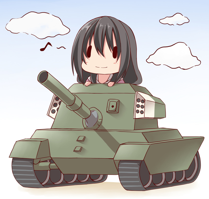 1girl absurdres black_hair caterpillar_tracks chibi child clouds creek_(moon-sky) day ground_vehicle highres long_hair military military_vehicle motor_vehicle musical_note original sky spoken_musical_note tank