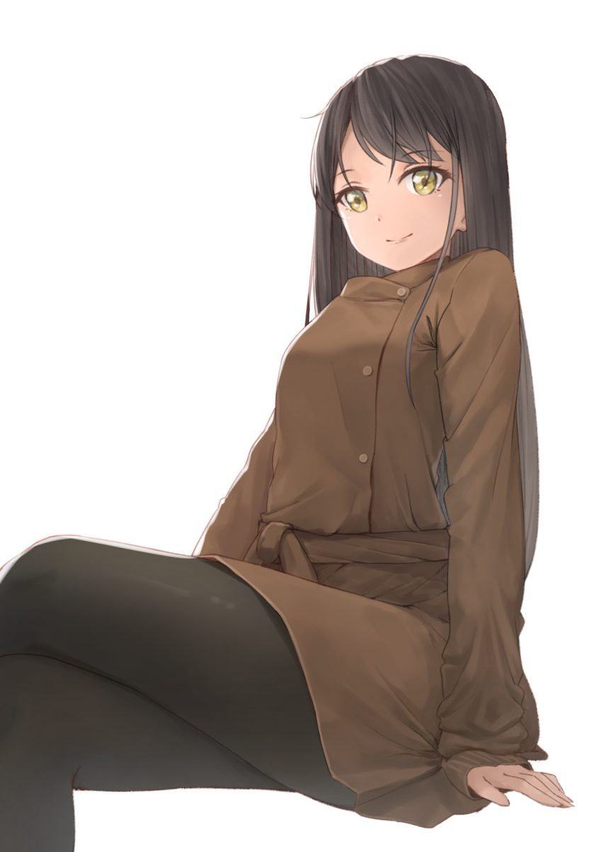 1girl arms_at_sides black_hair black_legwear brown_coat coat commentary_request erezu eyebrows_visible_through_hair highres legs_crossed lips long_hair long_sleeves looking_at_viewer original pantyhose sitting sleeves_past_wrists smile solo straight_hair trench_coat yellow_eyes