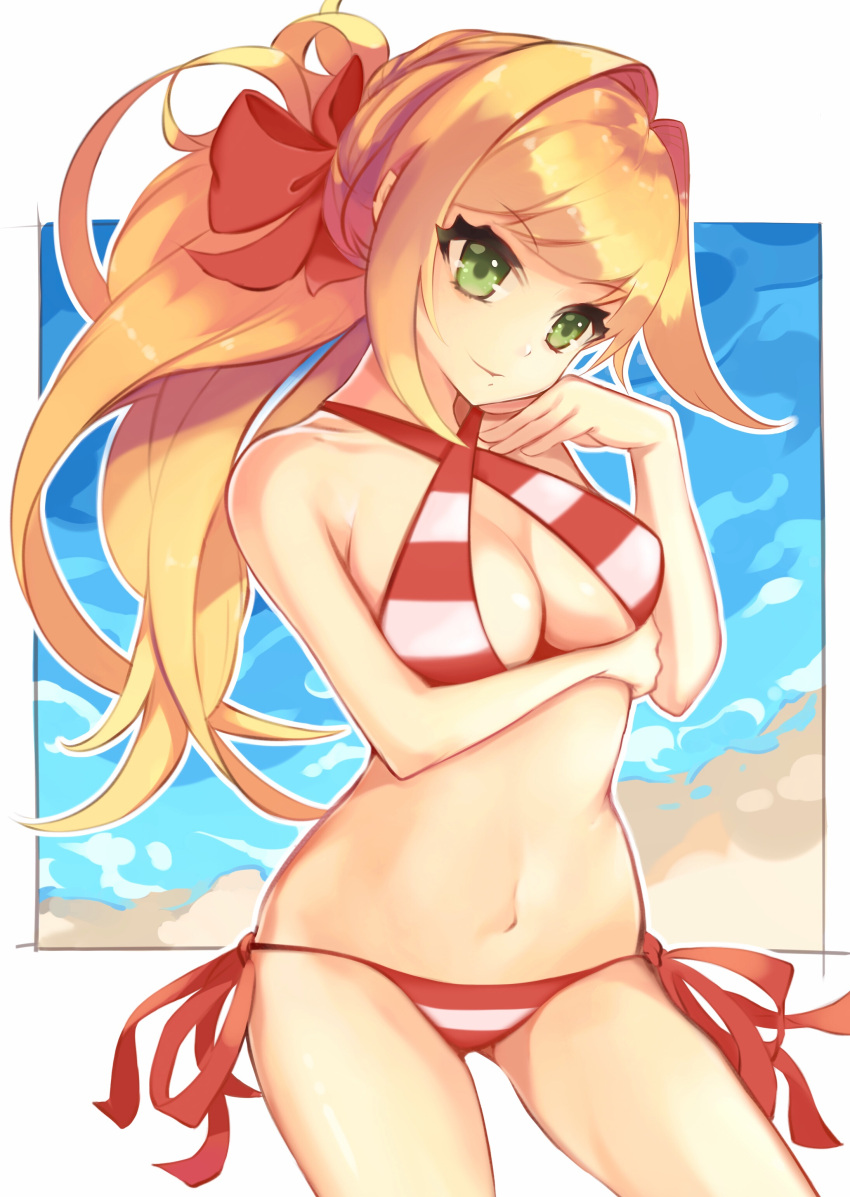 1girl absurdres bangs beach bikini blonde_hair border bow breasts cowboy_shot criss-cross_halter eyebrows_visible_through_hair fate/grand_order fate_(series) green_eyes hair_bow halter_top halterneck highres long_hair medium_breasts navel nero_claudius_(fate)_(all) nero_claudius_(swimsuit_caster)_(fate) outdoors red_bikini red_bow sand side-tie_bikini soar solo striped striped_bikini swept_bangs swimsuit white_bikini white_border