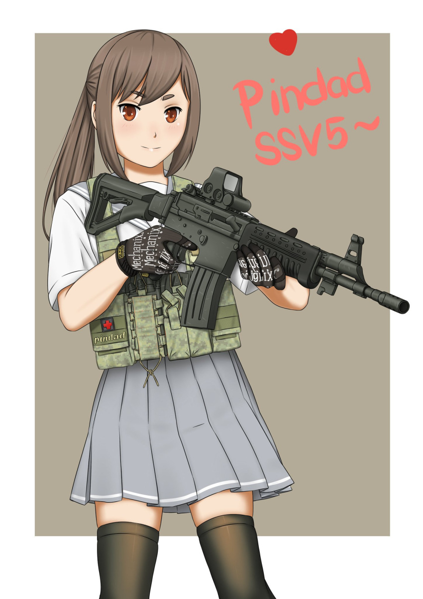 1girl closed_mouth eyebrows_visible_through_hair gloves gun highres holding holding_gun holding_weapon load_bearing_vest millimeter original pindad_ss2 ponytail simple_background skirt smile solo thigh-highs weapon