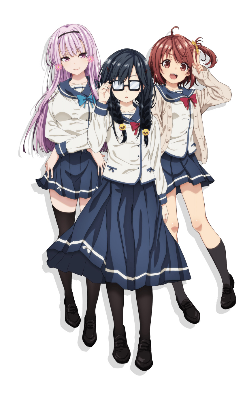 3girls :d absurdres adjusting_eyewear ahoge akino_sakura_(oresuki) artist_request bangs black-framed_eyewear black_footwear black_hair black_legwear blue_bow blue_skirt bow braid breasts brown_eyes brown_hair cardigan closed_mouth cosmos_(flower) crossed_arms eyebrows_visible_through_hair flower full_body glasses hair_ornament hairband hairclip hand_up highres hinata_aoi key_visual kneehighs lavender_hair loafers long_hair long_skirt long_sleeves looking_at_viewer miniskirt mole mole_under_eye multiple_girls object_namesake official_art one_side_up opaque_glasses open_mouth ore_wo_suki_nano_wa_omae_dake_ka_yo pansy pantyhose parted_lips pleated_skirt purple_hair red_bow sanshokuin_sumireko school_uniform shoes short_hair skirt sleeves_past_wrists smile standing sunflower thigh-highs transparent_background twin_braids v violet_eyes zettai_ryouiki