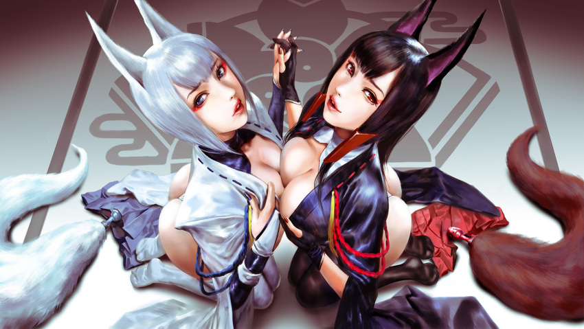 2girls akagi_(azur_lane) anal_tail animal_ears ass asymmetrical_docking azazel1944 azur_lane black_hair blue_eyes blue_nails breast_press breasts bridal_gauntlets butt_plug fake_tail from_above gloves hair_tubes highres japanese_clothes kaga_(azur_lane) kneeling large_breasts lips looking_at_viewer looking_up makeup medium_breasts medium_hair miniskirt multiple_girls nail_polish parted_lips pleated_skirt red_eyes red_nails short_hair skirt smile symmetrical_hand_pose tail thigh-highs white_hair wide_sleeves