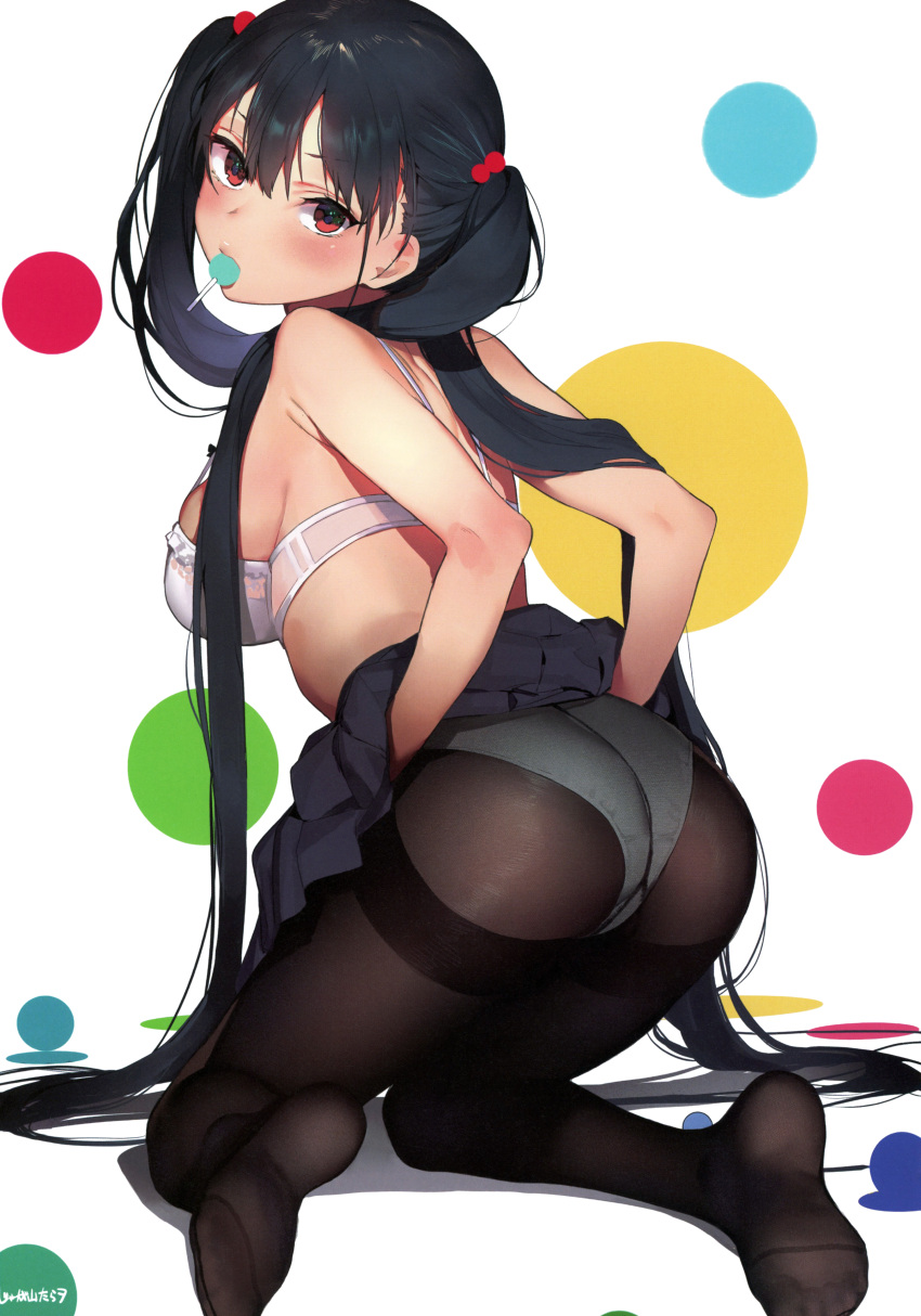 1girl absurdres black_hair blush bra breasts candy food hair_bobbles hair_ornament hair_over_shoulder highres jaga_yamatarawo kneeling large_breasts leaning_forward lollipop long_hair looking_at_viewer looking_back mouth_hold original panties panties_under_pantyhose pantyhose red_eyes scan skirt skirt_lift solo strap_gap thighband_pantyhose twintails underwear very_long_hair white_bra white_panties