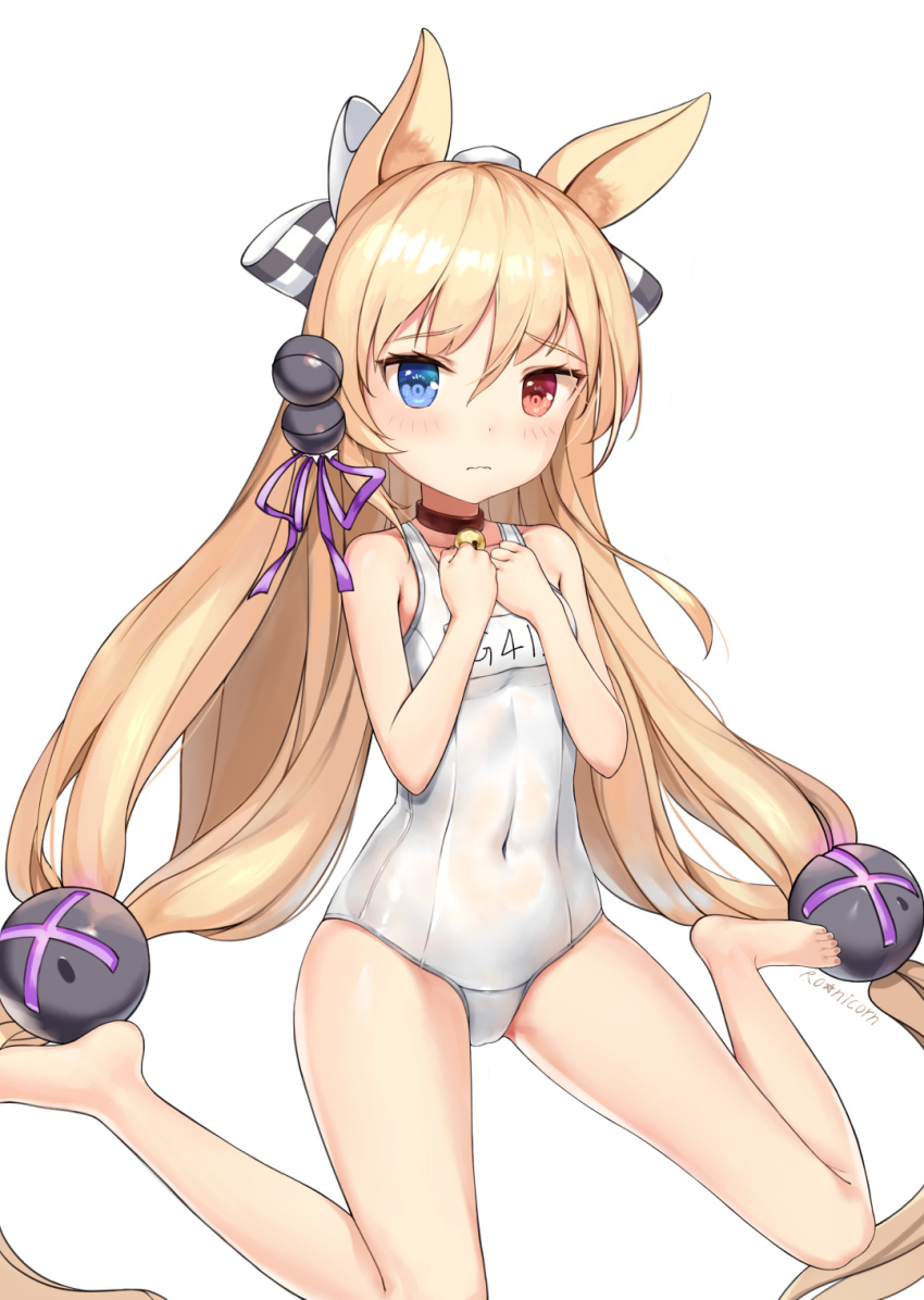 1girl animal_ears barefoot beads bell blonde_hair cat_ears collar commentary_request covered_navel g41_(girls_frontline) girls_frontline hair_beads hair_ornament hands_on_own_chest heterochromia highres jingle_bell legs long_hair low-tied_long_hair mr_arme ribbon school_swimsuit simple_background sitting solo spread_legs swimsuit toes twintails very_long_hair white_background white_school_swimsuit white_swimsuit