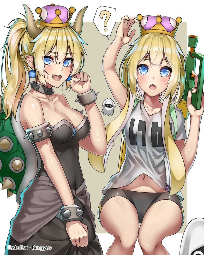 2girls :d :o ? absurdres arm_up armlet artist_name bare_arms bare_legs bare_shoulders bike_shorts black_collar black_dress blonde_hair blooper blue_eyes blush borrowed_design bowsette bracelet breasts bungyeo_(wkddnjs1324) cleavage clothes_grab clothes_writing collar collarbone commentary cosplay covered_navel cowboy_shot crown dress earrings english_commentary eyebrows_visible_through_hair fang hair_between_eyes hand_up high_ponytail highres hips holding holding_weapon horns inkling inkling_(cosplay) jewelry long_hair looking_at_viewer super_mario_bros. medium_breasts midriff_peek multiple_girls navel new_super_mario_bros._u_deluxe nintendo open_mouth pointy_ears ponytail shirt short_sleeves sidelocks sitting smile spiked_armlet spiked_bracelet spiked_collar spiked_shell spiked_tail spikes splatoon spoken_question_mark squid standing stomach strapless strapless_dress suction_cups super_crown super_mario_bros. sweatdrop t-shirt tentacle_hair turtle_shell upper_teeth very_long_hair weapon