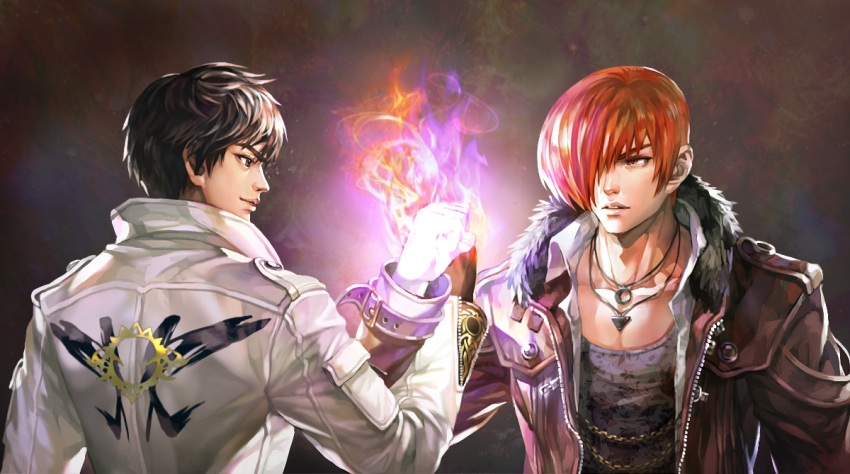 2boys black_background brown_eyes brown_hair fingerless_gloves fire frown gloves hair_over_one_eye headband jacket kim_yura_(goddess_mechanic) kusanagi_kyou male_focus multiple_boys pants red_eyes redhead short_hair smile the_king_of_fighters the_king_of_fighters_xiv yagami_iori