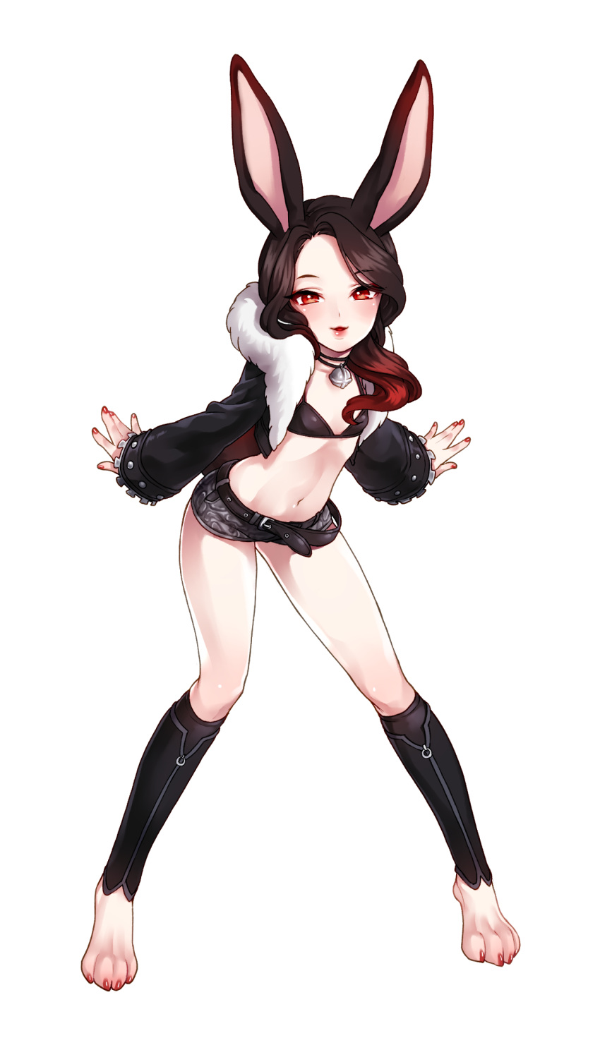 1girl animal_ears barefoot bell belt bikini_top black_bikini_top black_jacket blade_&amp;_soul brown_hair bunny_tail cropped_jacket flat_chest full_body fur_trim grey_shorts highres inpel jacket jingle_bell leather leather_jacket leg_warmers legs lips long_hair lyn_(blade_&amp;_soul) nail_polish navel open_mouth outstretched_arms paws rabbit_ears red_eyes short_shorts shorts simple_background smile solo tail thighs white_background