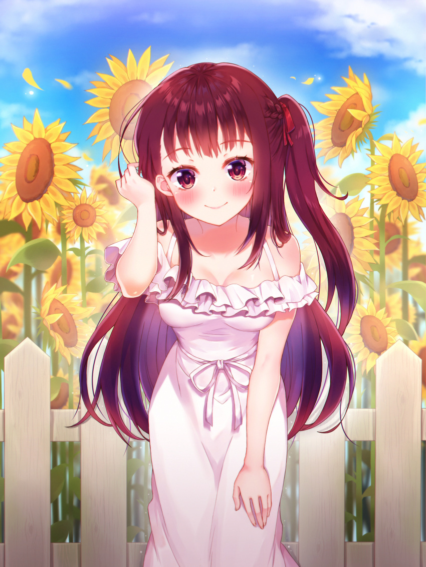 1girl absurdres arm_up bangs bare_shoulders blue_sky blush breasts cleavage closed_mouth clouds collarbone commentary_request day dress eyebrows_visible_through_hair fence field fingernails flower flower_field foreign_blue girls_frontline hair_tucking hand_on_leg head_tilt highres long_hair medium_breasts off-shoulder_dress off_shoulder one_side_up outdoors petals red_eyes redhead ribbon sky smile solo standing sunflower sunflower_petals very_long_hair wa2000_(girls_frontline) white_dress white_ribbon yellow_flower